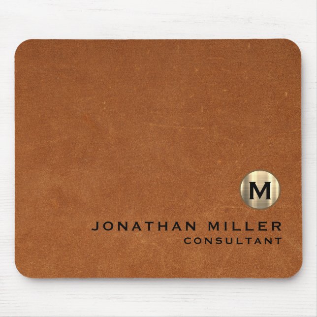 Brown Leather Gold Monogram Mouse Mat (Front)