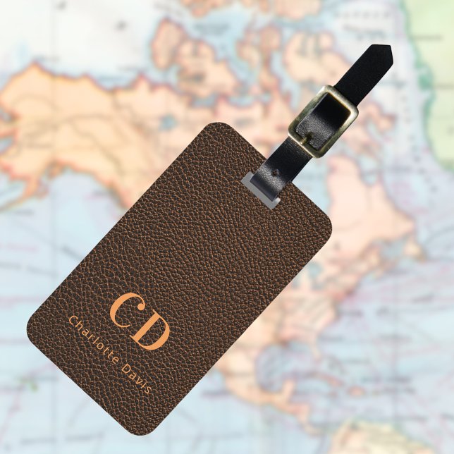 Brown leather gold monogram name luggage tag (Creator Uploaded)