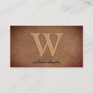 Brown Leather Gold Monogram Script Stylish Business Card