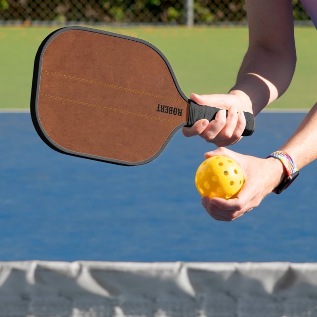 Brown Leather Image Custom Text Pickleball Paddle (Insitu)