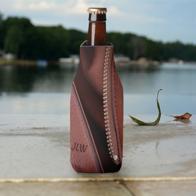 Brown Leather Jacket with Zipper Custom Initials Bottle Cooler (Creator Uploaded)