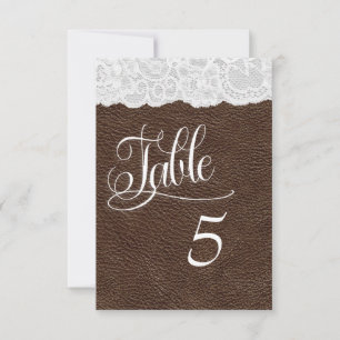 Brown Leather & Lace Wedding Table Number Card