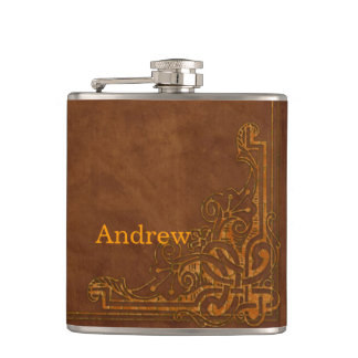 Brown Leather-like Graphic Embossed Monogram Hip Flask