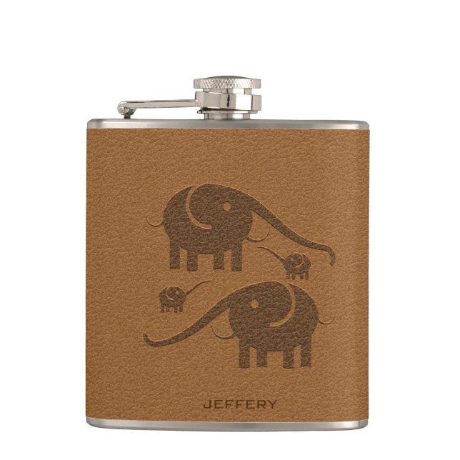 Brown Leather Look Elephant Illustration Hip Flask (Front)