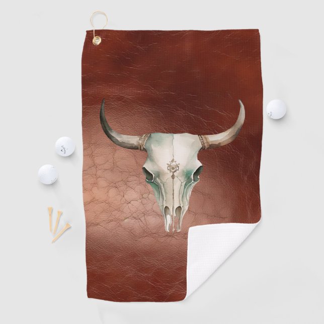 Brown Leather (Look) Western Cowboy Bull Horns Golf Towel (InSitu)