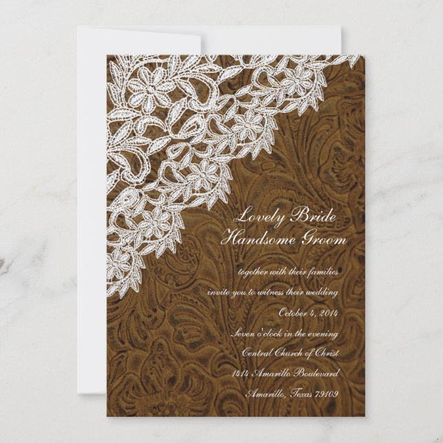 Brown Leather Look White Lace Wedding Invitation (Front)