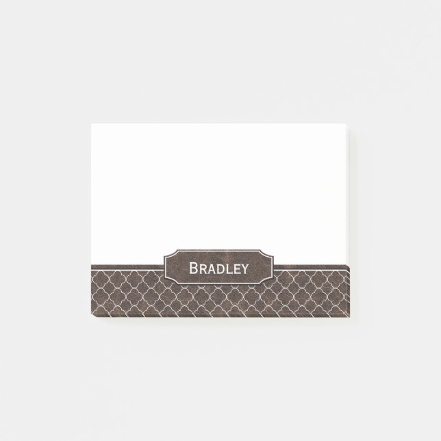 Brown Leather Look White Quatrefoil Monogram Post-it Notes (Front)