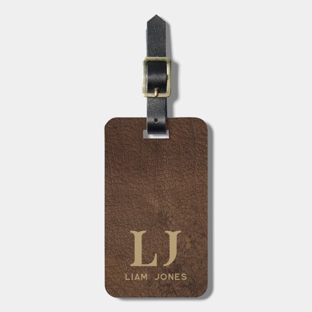 Brown Leather Monogrammed Masculine Vintage Luggage Tag (Front Vertical)
