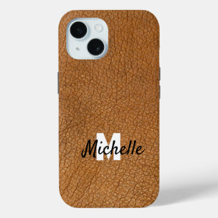 Brown leather personalized name monogram  iPhone 15 case