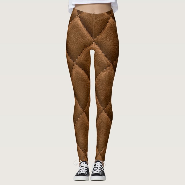 Brown leather, rhombus pattern drawing leggings (Front)