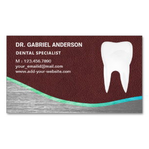 Brown Leather Steel Tooth Dental Clinic Dentist Magnetic Business Card