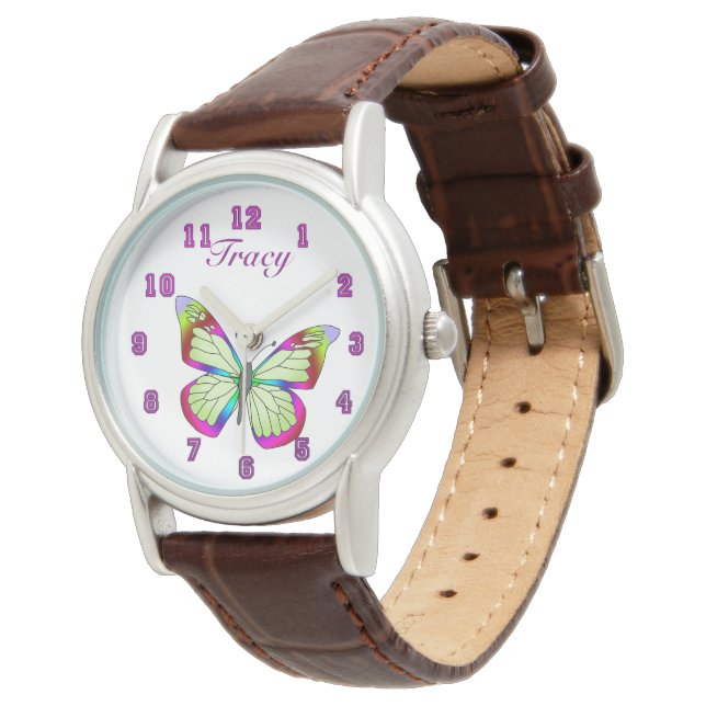 Brown Leather Strap Butterfies Watch (Angled)