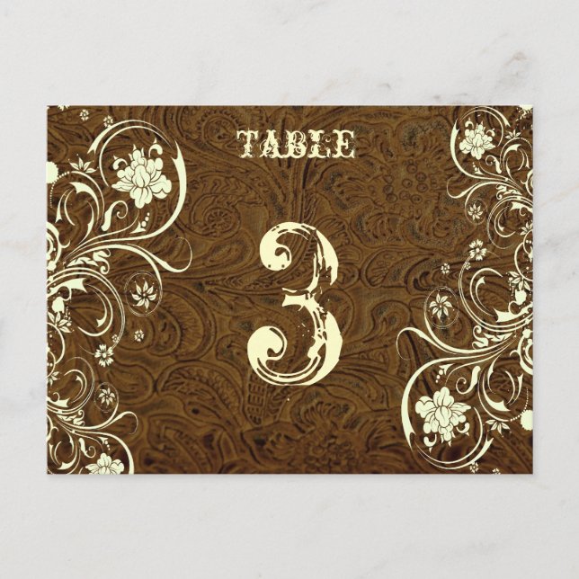 Brown Leather Table Number Card (Cream, flat) (Front)