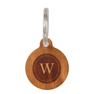 Brown Leather Texture Monogram - Not Real Leather Pet Tag