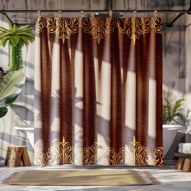 Brown Leather Texture Print Gold Border Shower Curtain (Creator Uploaded)