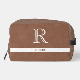 Brown Leather Texture Trim White Monogram Name   Dopp Kit