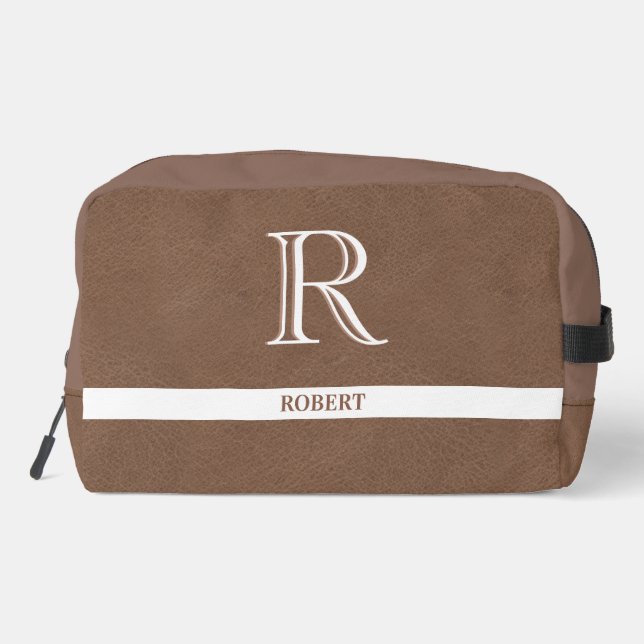 Brown Leather Texture Trim White Monogram Name   Dopp Kit (Back)