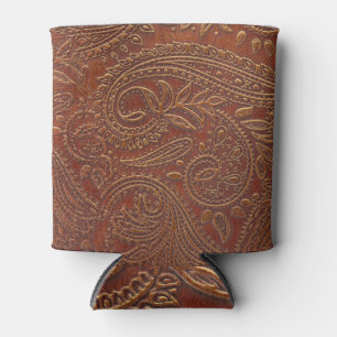 Brown leather, tooled floral pattern. can cooler