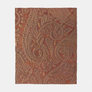 Brown leather, tooled floral pattern. fleece blanket