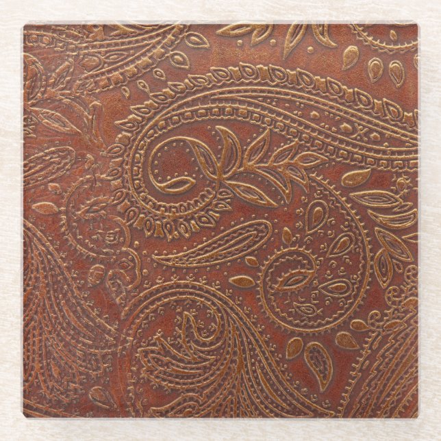 Brown leather, tooled floral pattern. glass coaster (Front)