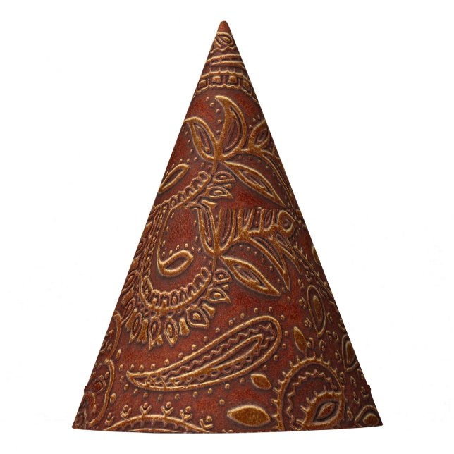 Brown leather, tooled floral pattern. party hat (Front)