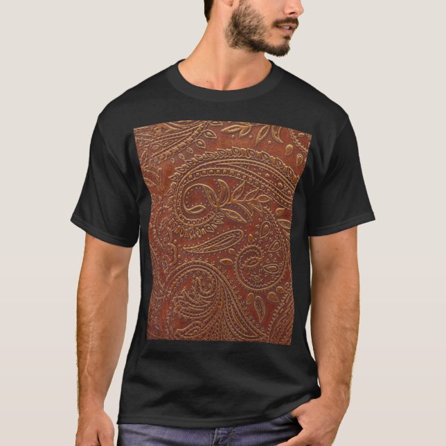 Brown leather, tooled floral pattern. T-Shirt (Front)