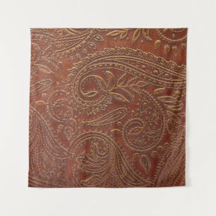 Brown leather, tooled floral pattern. tapestry