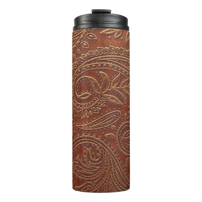 Brown leather, tooled floral pattern. thermal tumbler (Front)