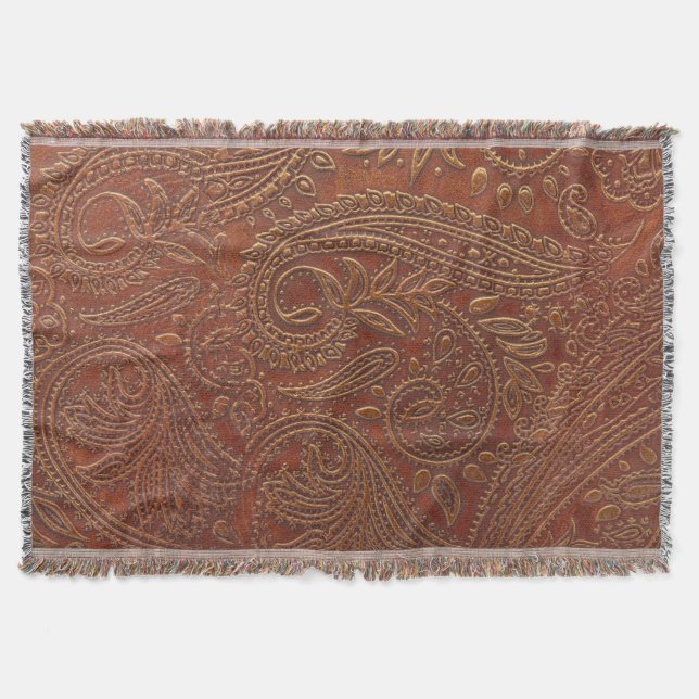 Brown leather, tooled floral pattern. throw blanket (Front)