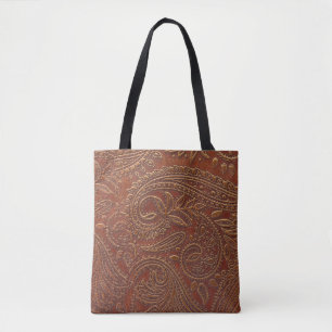 Brown leather, tooled floral pattern. tote bag