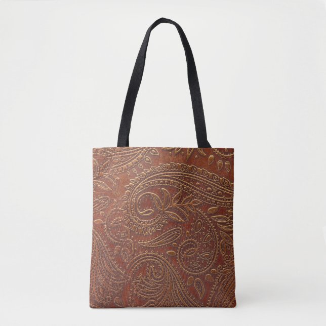 Brown leather, tooled floral pattern. tote bag (Front)