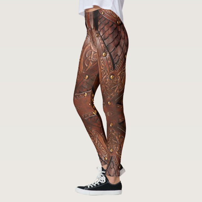 Brown Leather Viking Chest Armor Abstract Design Leggings (Left)