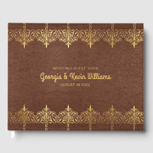 Brown Leather Vintage Gold Lace Border Guest Book