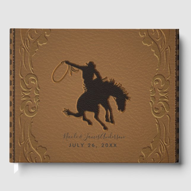Brown Leather Western Wild West Cowboy Wedding Guest Book (Front)