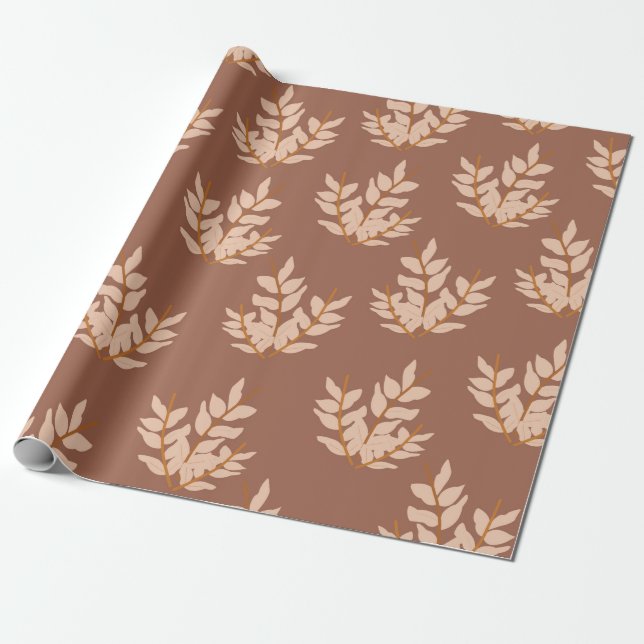 Brown Leaves Vintage Line Leaf Pattern  Wrapping Paper (Unrolled)