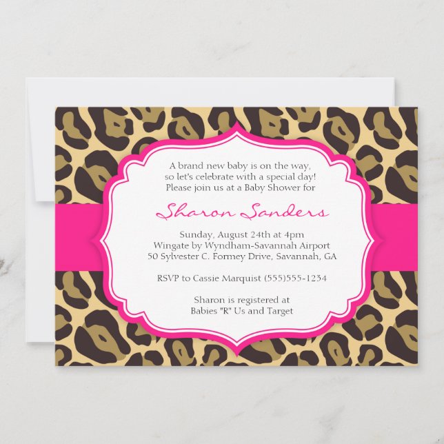 Brown Leopard & Hot Pink Baby Shower Invitations (Front)