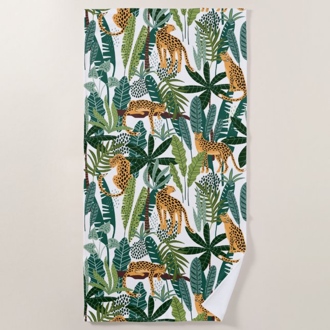 Brown leopard in tropical lush jungle leaves beach towel (Front)