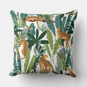 Brown leopard in tropical lush jungle leaves wrapp cushion