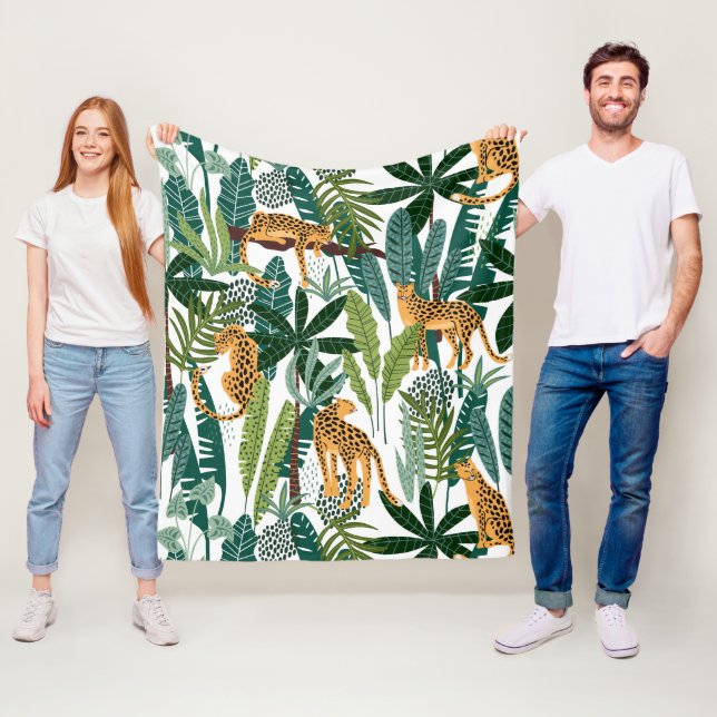 Brown leopard in tropical lush jungle leaves wrapp fleece blanket (In Situ)