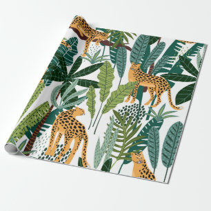 Brown leopard in tropical lush jungle leaves wrapping paper