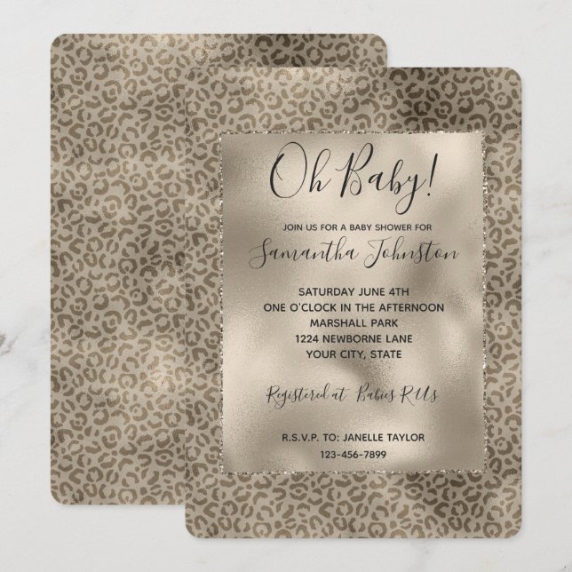 Brown Leopard Print Gold Glitter sparkle Invitation (Front/Back)