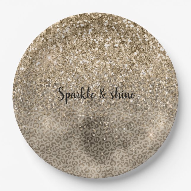Brown Leopard Print Gold Glitter sparkle Paper Plate (Front)