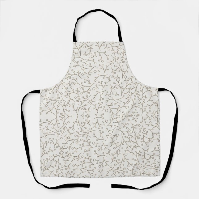 Brown Line Art Botanical Berry Vine Pattern on Cre Apron (Front)