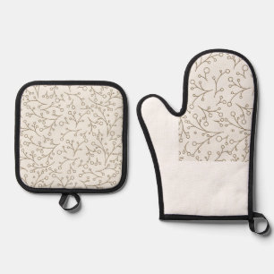 Brown Line Art Botanical Berry Vine Pattern on Cre Oven Mitt & Pot Holder Set