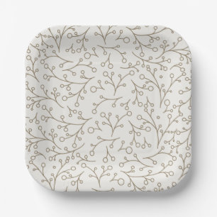 Brown Line Art Botanical Berry Vine Pattern Paper Plate