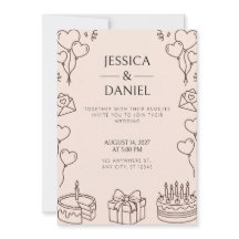 Brown Line Art Cake Balloon Wedding Invitation