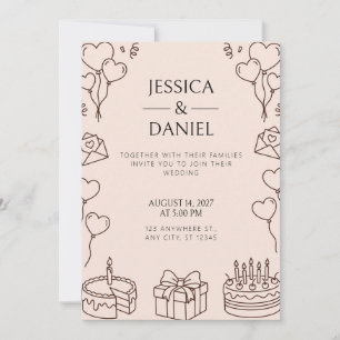 Brown Line Art Cake Balloon Wedding Invitation