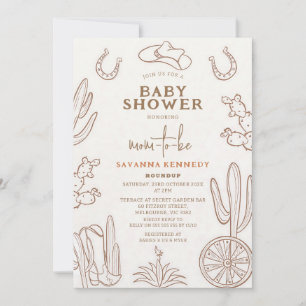 Brown Line Drawn Cowgirl Baby Shower Invitation