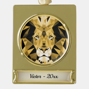 Brown Lion on Gold Name and Year Plated Banner Ornament