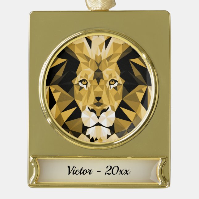 Brown Lion on Gold Name and Year Plated Banner Ornament (Front)